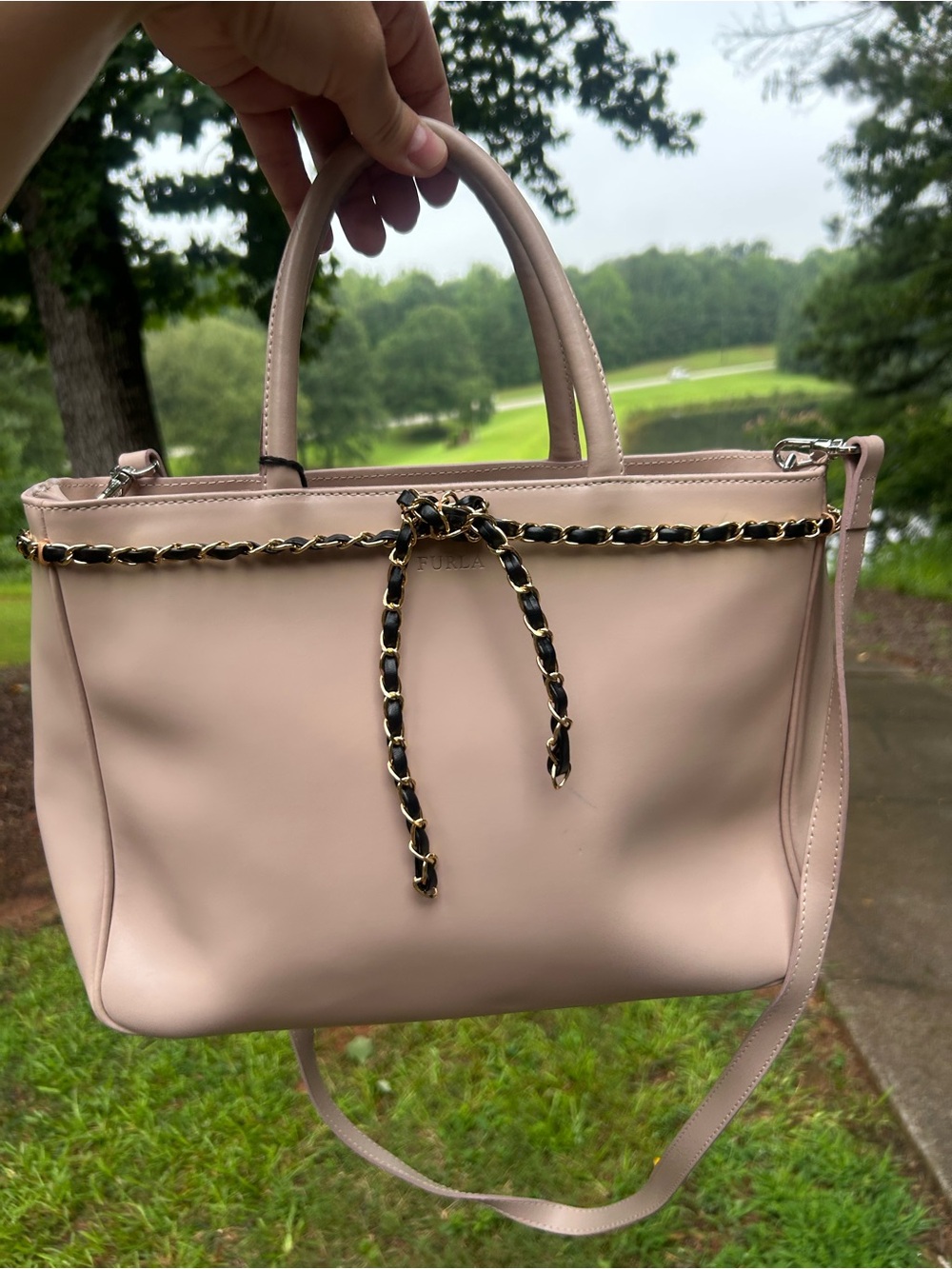 Furla Blush Pink Leather Tote Crossbody Bag Chain Detail Dust Bag - Read Details - Picture 2 of 15